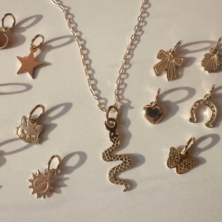 Delicate gold charms including a snake, star, and heart on a necklace, showcasing fun personalization options.
