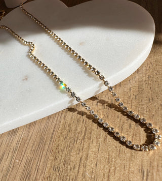 Dainty Twinkle Tennis Chain Necklace with sparkling rhinestones, measuring 17.5 inches, perfect for everyday wear.
