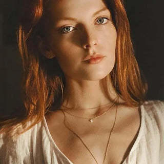 Model wearing the Wish Upon a Crystal Necklace with a delicate chain showcasing a petite crystal stone.