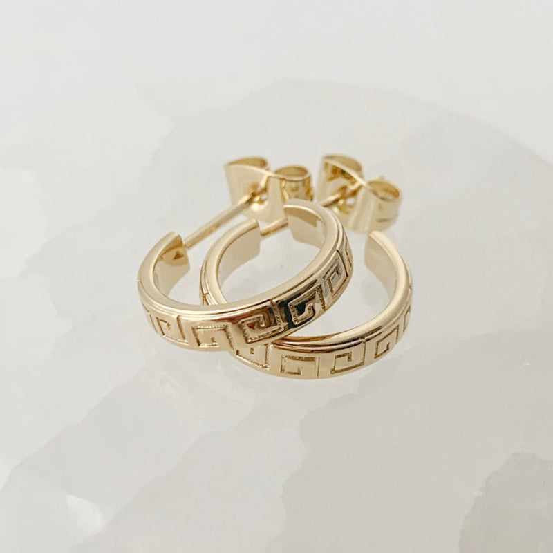 Hera Greek Hoops earrings in gold with embossed Meandros key pattern, small 14mm and large 17mm stylish hoops.