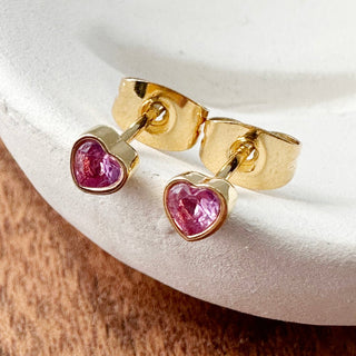 Pink Crystal Heart Stud Earrings - Honeycat Jewelry